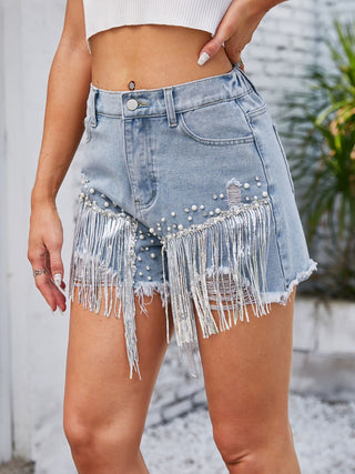 Shop Distressed Pearl Trim Denim Shorts with Pockets Now On Klozey Store - Trendy U.S. Premium Women Apparel & Accessories And Be Up-To-Fashion!