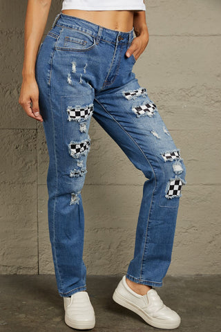 Shop Baeful Checkered Patchwork Mid Waist Distressed Jeans Now On Klozey Store - Trendy U.S. Premium Women Apparel & Accessories And Be Up-To-Fashion!