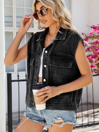 Shop Pocketed Button Up Sleeveless Denim Jacket Now On Klozey Store - Trendy U.S. Premium Women Apparel & Accessories And Be Up-To-Fashion!