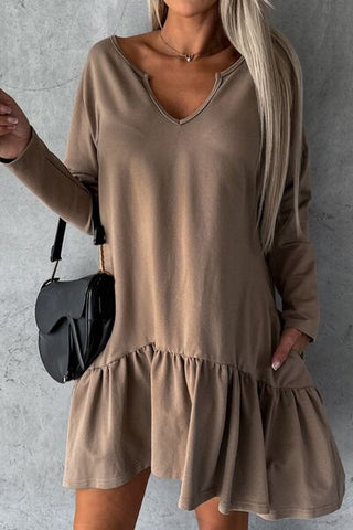 Shop Notched Long Sleeve Ruffle Hem Mini Dress Now On Klozey Store - Trendy U.S. Premium Women Apparel & Accessories And Be Up-To-Fashion!