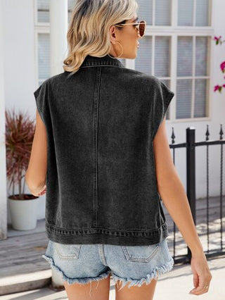 Shop Pocketed Button Up Sleeveless Denim Jacket Now On Klozey Store - Trendy U.S. Premium Women Apparel & Accessories And Be Up-To-Fashion!