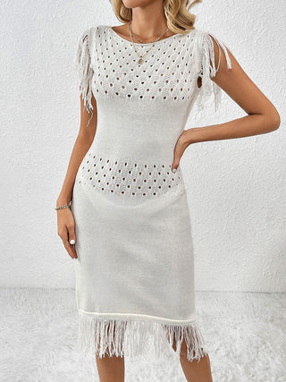Shop Fringe Openwork Boat Neck Knit Dress Now On Klozey Store - Trendy U.S. Premium Women Apparel & Accessories And Be Up-To-Fashion!