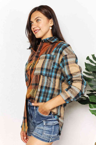 Shop Double Take Plaid Curved Hem Shirt Jacket with Breast Pockets Now On Klozey Store - Trendy U.S. Premium Women Apparel & Accessories And Be Up-To-Fashion!