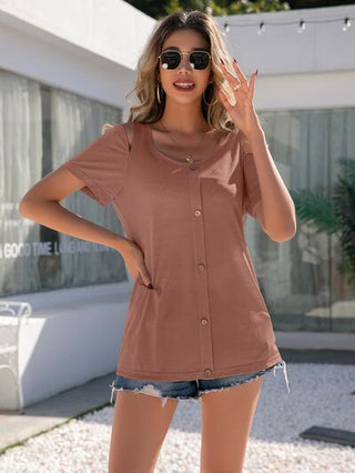 Shop Decorative Button Round Neck Cold Shoulder T-Shirt Now On Klozey Store - Trendy U.S. Premium Women Apparel & Accessories And Be Up-To-Fashion!