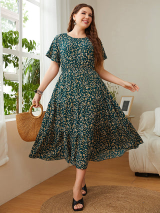 Shop Plus Size Floral Round Neck Short Sleeve Midi Dress Now On Klozey Store - Trendy U.S. Premium Women Apparel & Accessories And Be Up-To-Fashion!