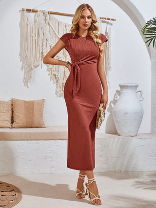 Shop Textured Slit Round Neck Dress Now On Klozey Store - Trendy U.S. Premium Women Apparel & Accessories And Be Up-To-Fashion!