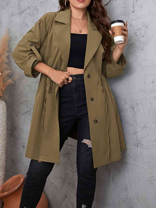 Shop Plus Size Lapel Collar Drawstring Roll-Tab Sleeve Trench Coat Now On Klozey Store - Trendy U.S. Premium Women Apparel & Accessories And Be Up-To-Fashion!