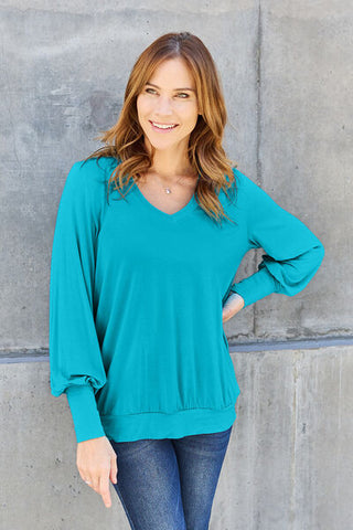 Shop Basic Bae Full Size V-Neck Lantern Sleeve Blouse Now On Klozey Store - Trendy U.S. Premium Women Apparel & Accessories And Be Up-To-Fashion!