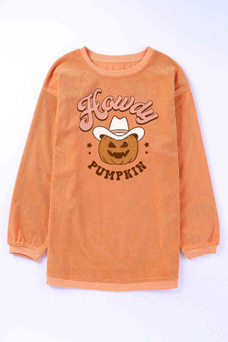 Shop HOWDY Pumpkin Graphic Ribbed Sweatshirt Now On Klozey Store - Trendy U.S. Premium Women Apparel & Accessories And Be Up-To-Fashion!