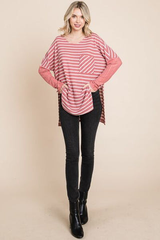 Shop Culture Code Oversize Striped Round Neck Long Sleeve Slit T-Shirt Now On Klozey Store - Trendy U.S. Premium Women Apparel & Accessories And Be Up-To-Fashion!