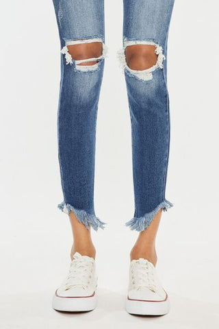 Shop Kancan High Waist Distressed Raw Hem Ankle Skinny Jeans Now On Klozey Store - Trendy U.S. Premium Women Apparel & Accessories And Be Up-To-Fashion!