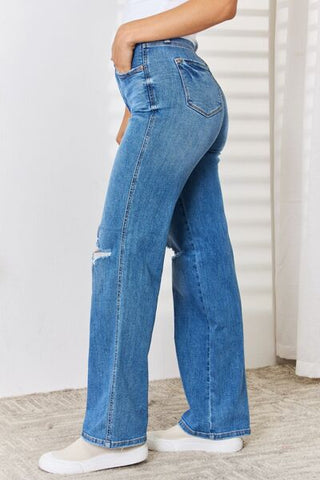 Shop Judy Blue Full Size High Waist Distressed Straight-Leg Jeans Now On Klozey Store - Trendy U.S. Premium Women Apparel & Accessories And Be Up-To-Fashion!