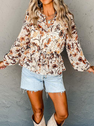 Shop Drawstring Floral Lantern Sleeve Blouse Now On Klozey Store - Trendy U.S. Premium Women Apparel & Accessories And Be Up-To-Fashion!