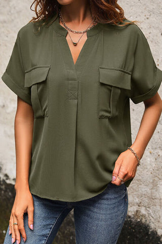 Shop Pocketed Notched Short Sleeve Blouse Now On Klozey Store - Trendy U.S. Premium Women Apparel & Accessories And Be Up-To-Fashion!