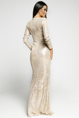 Shop Sequin Cutout Ruched Split Long Sleeve Maxi Dress Now On Klozey Store - Trendy U.S. Premium Women Apparel & Accessories And Be Up-To-Fashion!