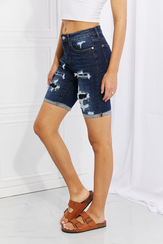 Shop Judy Blue Lucy High Rise Patch Bermuda Shorts Now On Klozey Store - Trendy U.S. Premium Women Apparel & Accessories And Be Up-To-Fashion!