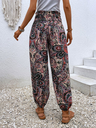 Shop Paisley Print Smocked High-Waist Pants Now On Klozey Store - Trendy U.S. Premium Women Apparel & Accessories And Be Up-To-Fashion!