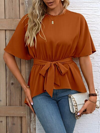 Shop Tied Round Neck Half Sleeve Blouse Now On Klozey Store - Trendy U.S. Premium Women Apparel & Accessories And Be Up-To-Fashion!