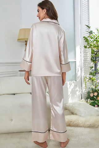 Shop Contrast Piping Button-Up Top and Pants Pajama Set Now On Klozey Store - Trendy U.S. Premium Women Apparel & Accessories And Be Up-To-Fashion!