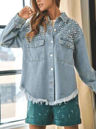Shop Collared Neck Raw Hem Dropped Shoulder Denim Jacket Now On Klozey Store - Trendy U.S. Premium Women Apparel & Accessories And Be Up-To-Fashion!