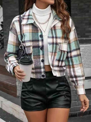 Shop Plaid Collared Neck Button Down Jacket Now On Klozey Store - Trendy U.S. Premium Women Apparel & Accessories And Be Up-To-Fashion!