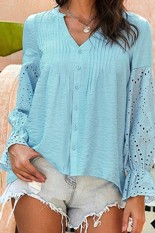 Shop Crochet Flounce Sleeve Button Up Blouse Now On Klozey Store - Trendy U.S. Premium Women Apparel & Accessories And Be Up-To-Fashion!