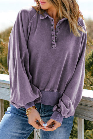 Shop Quarter-Snap Collared Lantern Sleeve Sweatshirt Now On Klozey Store - Trendy U.S. Premium Women Apparel & Accessories And Be Up-To-Fashion!