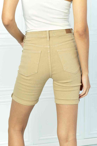 Shop Judy Blue Mariana Full Size Midrise Khaki Cuffed Bermuda Shorts Now On Klozey Store - Trendy U.S. Premium Women Apparel & Accessories And Be Up-To-Fashion!