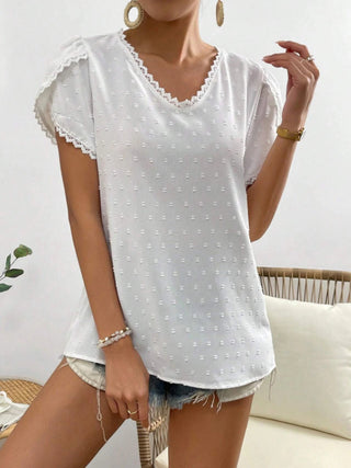 Shop Swiss Dot Lace Detail V-Neck Petal Sleeve Blouse Now On Klozey Store - Trendy U.S. Premium Women Apparel & Accessories And Be Up-To-Fashion!