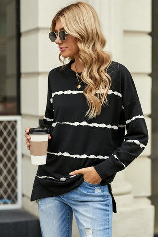 Shop Striped Side Slit Round Neck Sweatshirt Now On Klozey Store - Trendy U.S. Premium Women Apparel & Accessories And Be Up-To-Fashion!