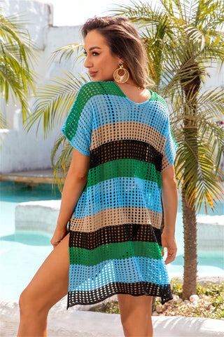 Shop Openwork Striped V-Neck Short Sleeve Cover Up Now On Klozey Store - Trendy U.S. Premium Women Apparel & Accessories And Be Up-To-Fashion!