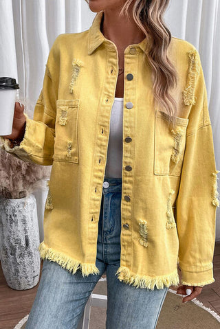 Shop Distressed Button Up Raw Hem Denim Jacket Now On Klozey Store - Trendy U.S. Premium Women Apparel & Accessories And Be Up-To-Fashion!