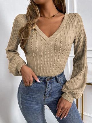 Shop Cable-Knit V-Neck Long Sleeve Knit Top Now On Klozey Store - Trendy U.S. Premium Women Apparel & Accessories And Be Up-To-Fashion!