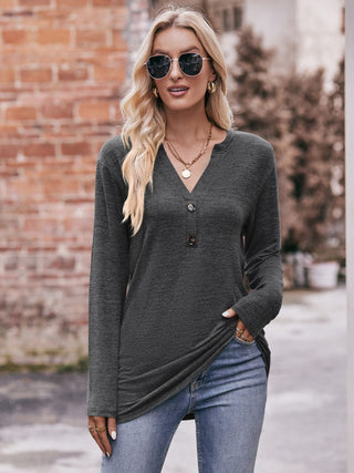 Shop Double Take Buttoned Notched Neck Long Sleeve Top Now On Klozey Store - Trendy U.S. Premium Women Apparel & Accessories And Be Up-To-Fashion!