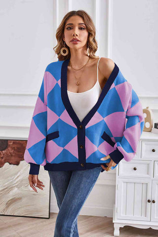 Shop Geometric Lantern Sleeve Cardigan with Pockets Now On Klozey Store - Trendy U.S. Premium Women Apparel & Accessories And Be Up-To-Fashion!