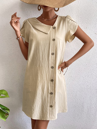 Shop Decorative Button Asymmetrical Neck Short Sleeve Dress Now On Klozey Store - Trendy U.S. Premium Women Apparel & Accessories And Be Up-To-Fashion!