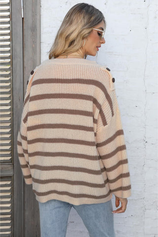 Shop Round Neck Dropped Shoulder Striped Sweater Now On Klozey Store - Trendy U.S. Premium Women Apparel & Accessories And Be Up-To-Fashion!