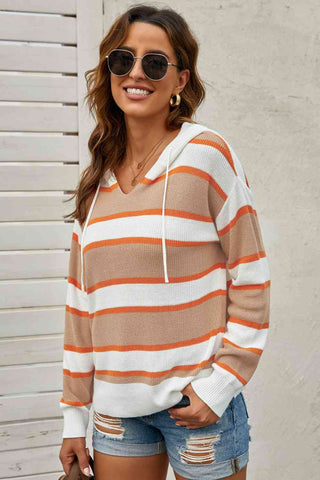 Shop Striped Drawstring Hooded Sweater Now On Klozey Store - Trendy U.S. Premium Women Apparel & Accessories And Be Up-To-Fashion!