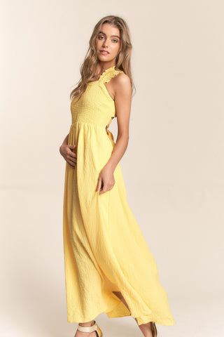 Shop J.NNA Texture Crisscross Back Tie Smocked Maxi Dress Now On Klozey Store - Trendy U.S. Premium Women Apparel & Accessories And Be Up-To-Fashion!
