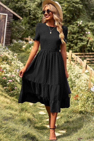Shop Swiss Dot Smocked Round Neck Short Sleeve Midi Dress Now On Klozey Store - Trendy U.S. Premium Women Apparel & Accessories And Be Up-To-Fashion!