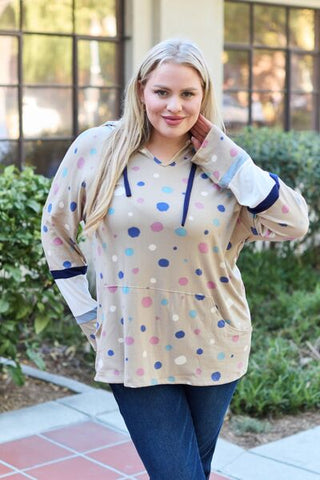 Shop Celeste Design Full Size Polka Dot Drawstring Hoodie Now On Klozey Store - Trendy U.S. Premium Women Apparel & Accessories And Be Up-To-Fashion!