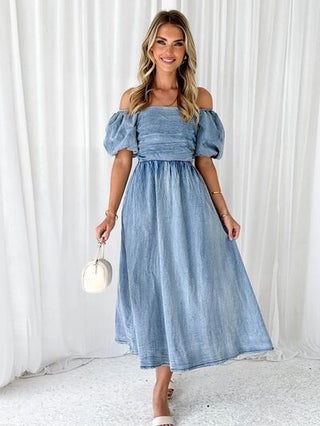 Shop Off-Shoulder Balloon Sleeve Denim Dress Now On Klozey Store - Trendy U.S. Premium Women Apparel & Accessories And Be Up-To-Fashion!