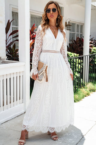 Shop Scalloped Hem Flounce Sleeve Lace V-Neck Maxi Dress Now On Klozey Store - Trendy U.S. Premium Women Apparel & Accessories And Be Up-To-Fashion!