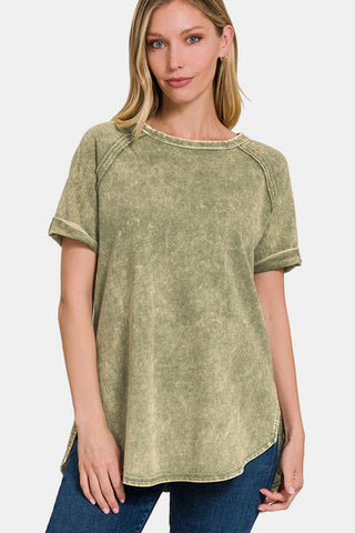 Shop Zenana Heathered Round Neck Short Sleeve Blouse Now On Klozey Store - Trendy U.S. Premium Women Apparel & Accessories And Be Up-To-Fashion!
