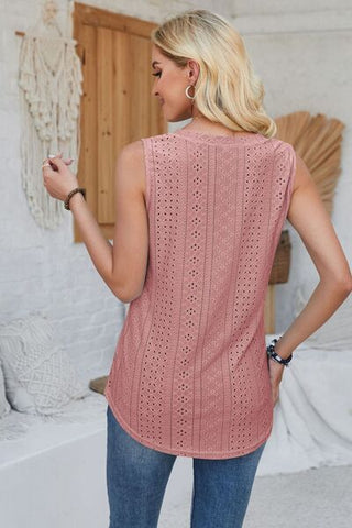 Shop Eyelet Decorative Button V-Neck Tank Now On Klozey Store - Trendy U.S. Premium Women Apparel & Accessories And Be Up-To-Fashion!