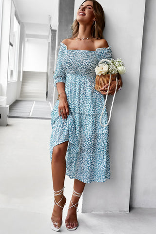 Shop Ditsy Floral Off-Shoulder Smocked Midi Dress Now On Klozey Store - Trendy U.S. Premium Women Apparel & Accessories And Be Up-To-Fashion!