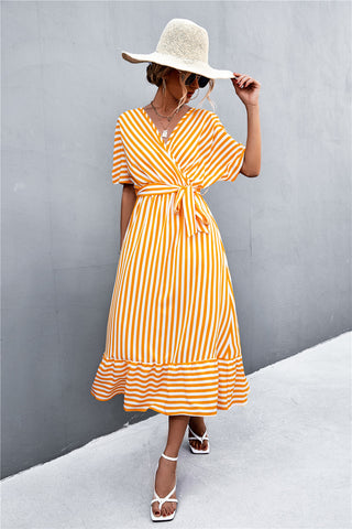 Shop Striped Tie Belt Midi Dress Now On Klozey Store - Trendy U.S. Premium Women Apparel & Accessories And Be Up-To-Fashion!