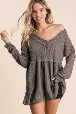 Shop BiBi Waffle Knit V-Neck Babydoll Blouse Now On Klozey Store - Trendy U.S. Premium Women Apparel & Accessories And Be Up-To-Fashion!