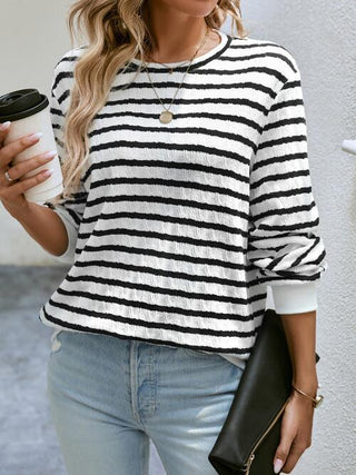 Shop Striped Round Neck Long Sleeve Top Now On Klozey Store - Trendy U.S. Premium Women Apparel & Accessories And Be Up-To-Fashion!