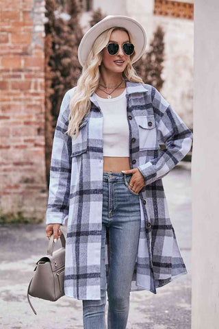 Shop Plaid Dropped Shoulder Longline Jacket Now On Klozey Store - Trendy U.S. Premium Women Apparel & Accessories And Be Up-To-Fashion!
